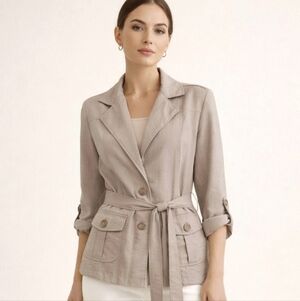 Dressbarn Taupe Belted Utility Blazer Jacket Safari Roll Tab Sleeves XL  14/16